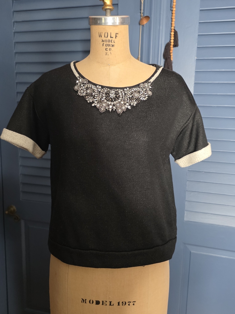 Velvet Black Short-Sleeve Jewel-Embellished Top with Contrast Trim
